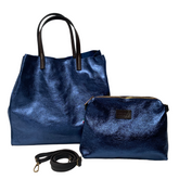 Stella - Leather  Metallic Handbag with Pouch - Navy